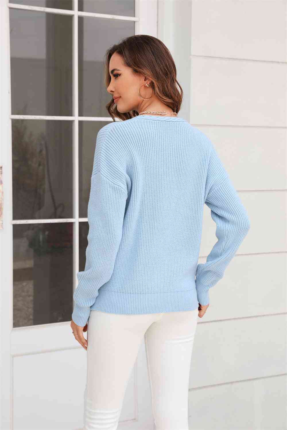 Ribbed V-Neck Dropped Shoulder Knit Top