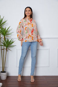 Floral Frill Notched Long Sleeve Blouse