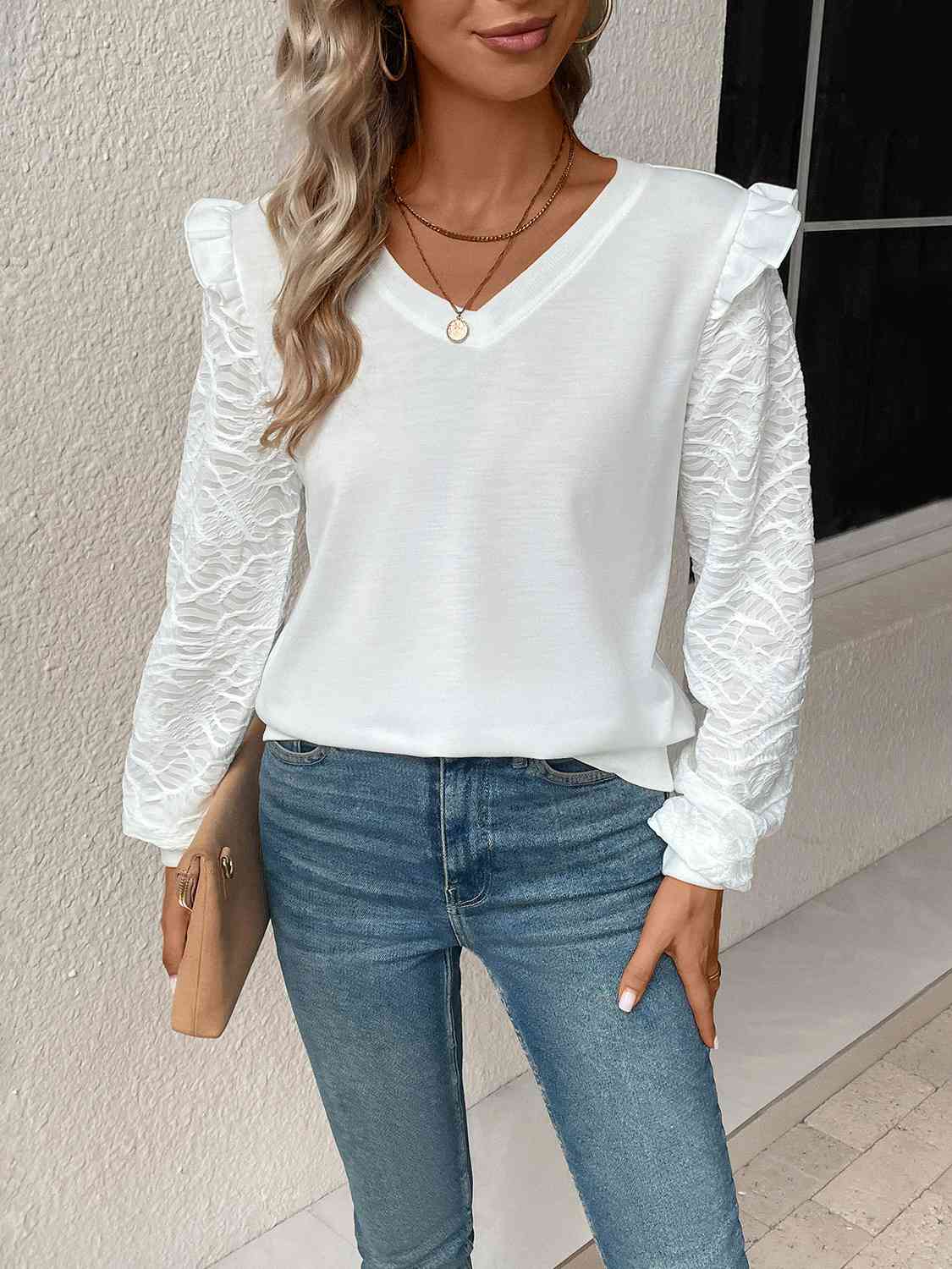 Textured V-Neck Long Sleeve Top