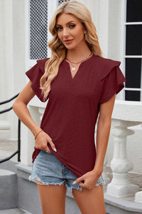 Notched Short Sleeve Eyelet T-Shirt