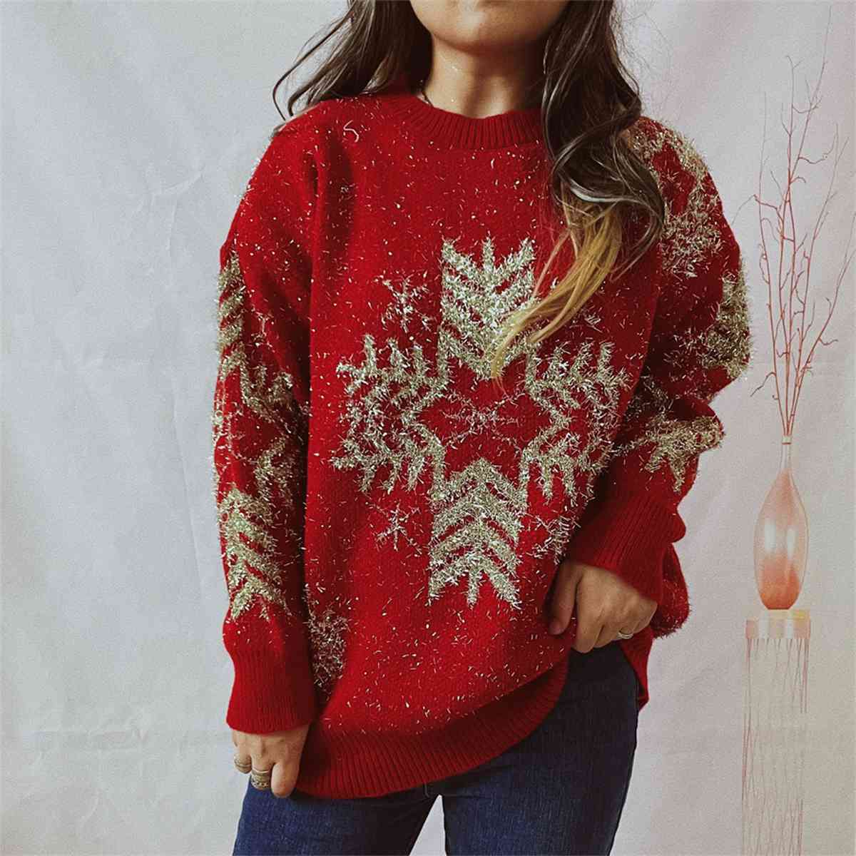 Large Snowflake Pattern Long Sleeve Sweater