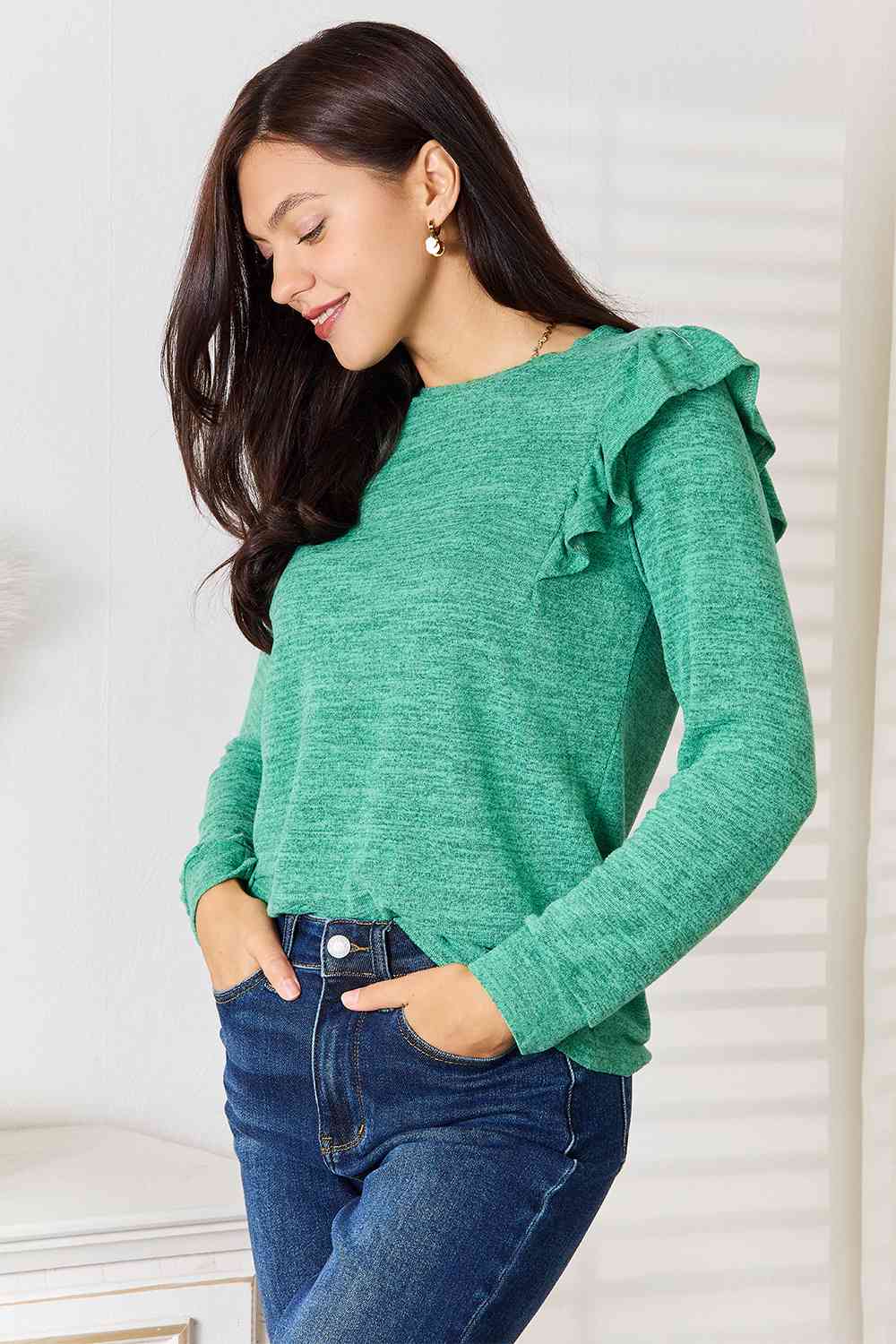 Ruffle Shoulder Long Sleeve T-Shirt