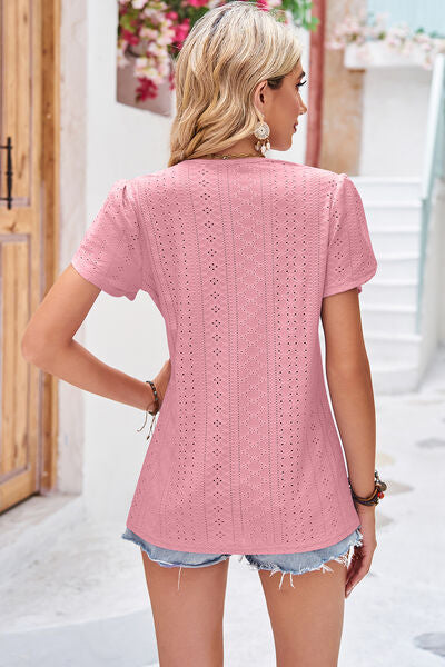 Eyelet V-Neck Petal Sleeve T-Shirt