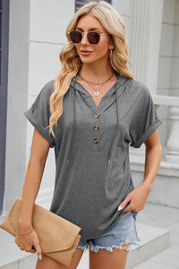 Half Button Drawstring Short Sleeve Hooded T-Shirt