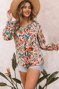 Multicolored V-Neck Lantern Sleeve Shirt