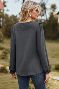 Eyelet Round Neck Flounce Sleeve T-Shirt