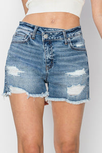 Stepped Waist Frayed Denim Shorts