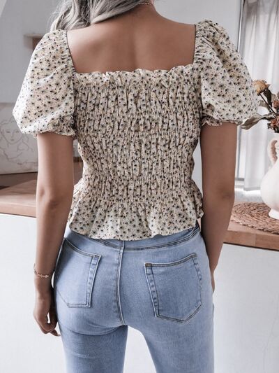 Frill Smocked Square Neck Short Sleeve Blouse