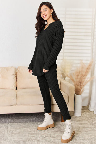 Full Size Notched Long Sleeve Top and Pants Set