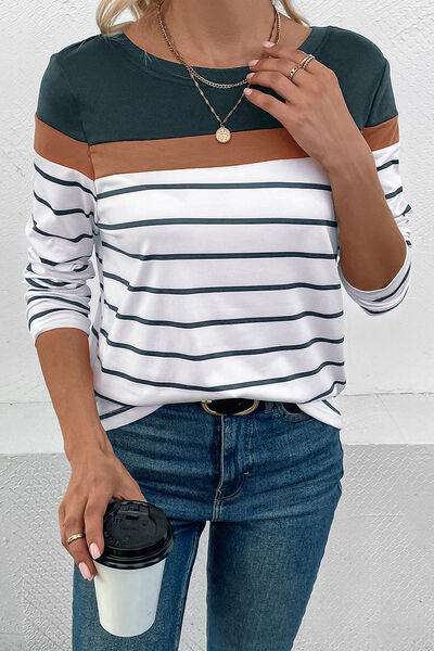 Striped Round Neck Long Sleeve T-Shirt Opaque