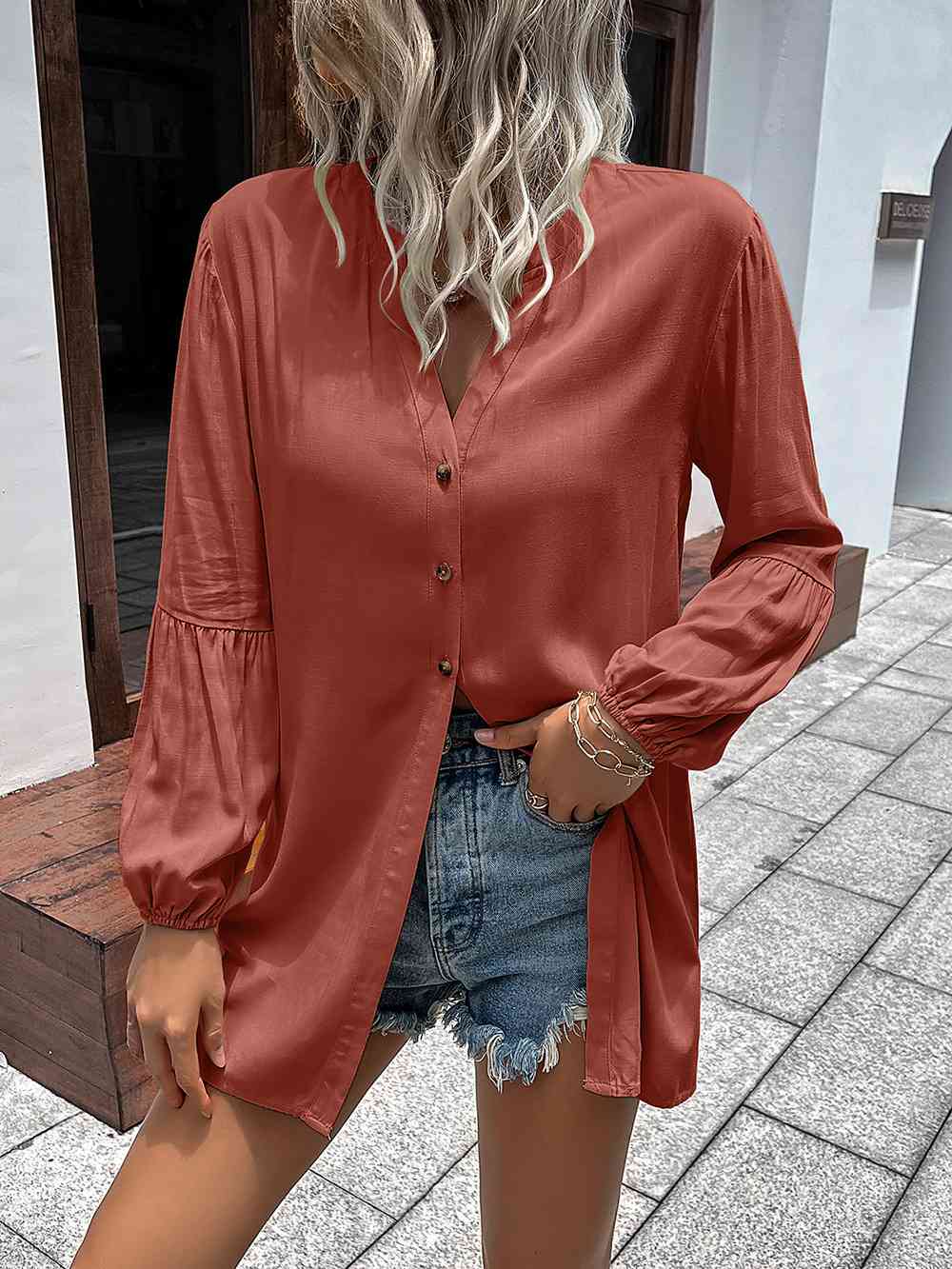 Notched Neck Balloon Sleeve Shirt