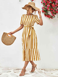 Striped Tie Belt Round Neck Puff Sleeve Dress