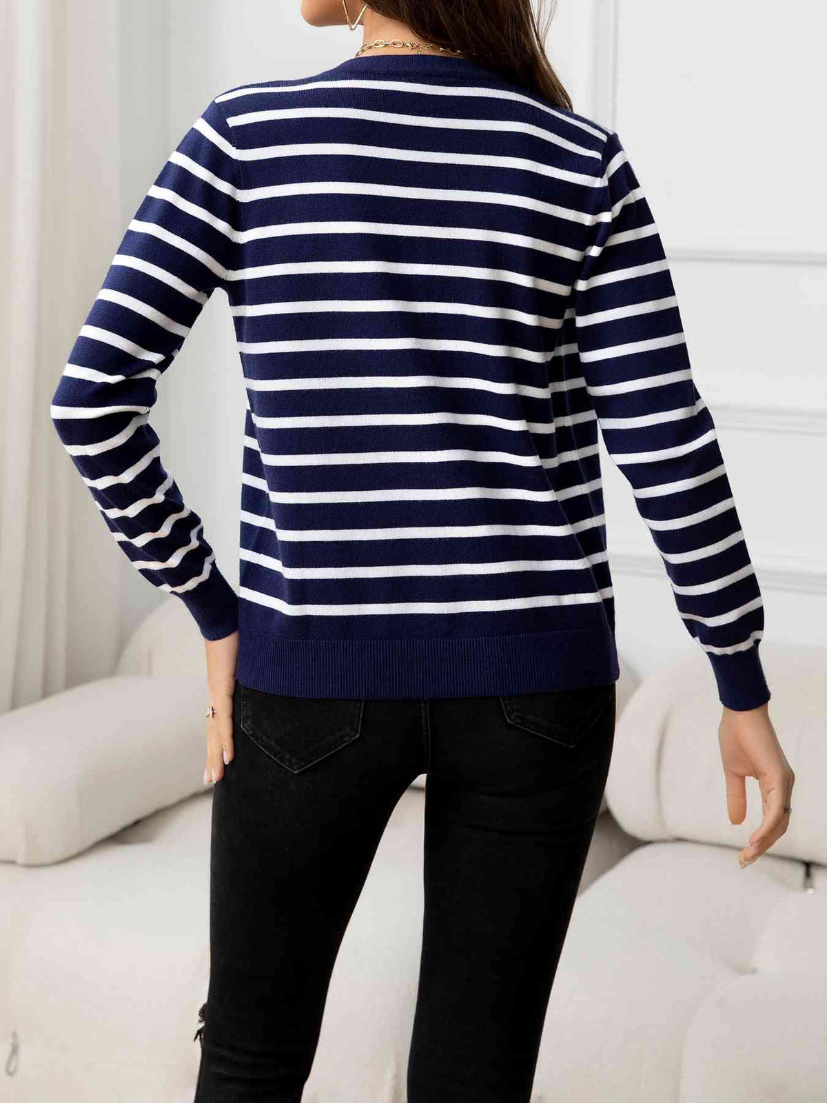 Striped Round Neck Long Sleeve Buttoned Knit Top