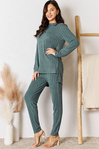 Full Size Ribbed Round Neck High-Low Slit Top and Pants Set