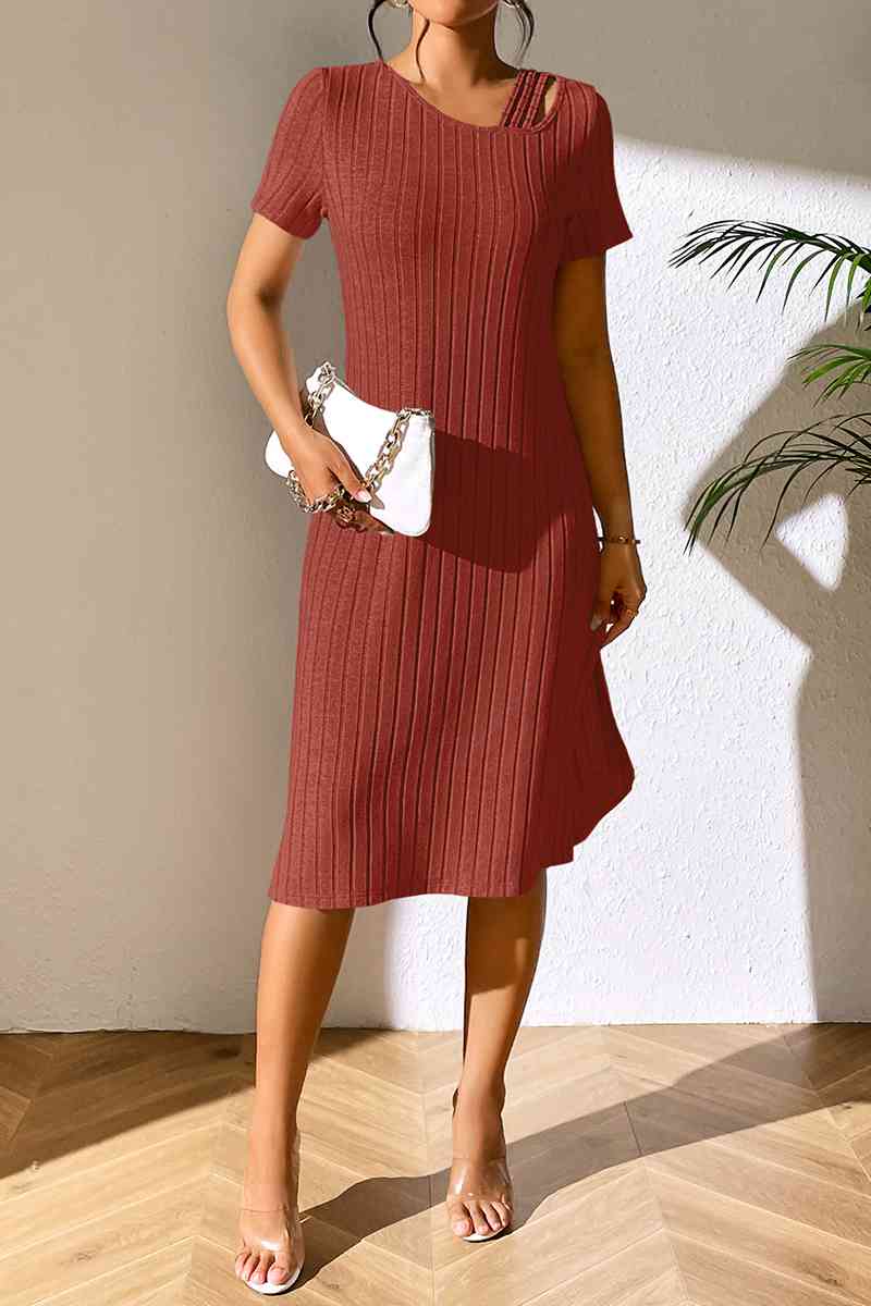 Ribbed Asymmetrical Neck Short Sleeve Dress