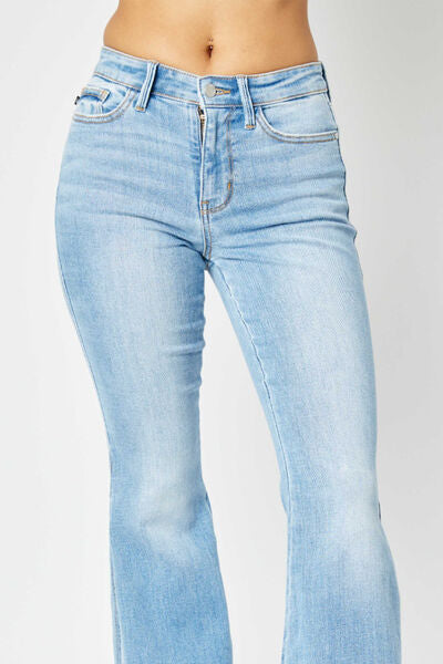 Full Size Mid Rise Raw Hem Slit Flare Jeans