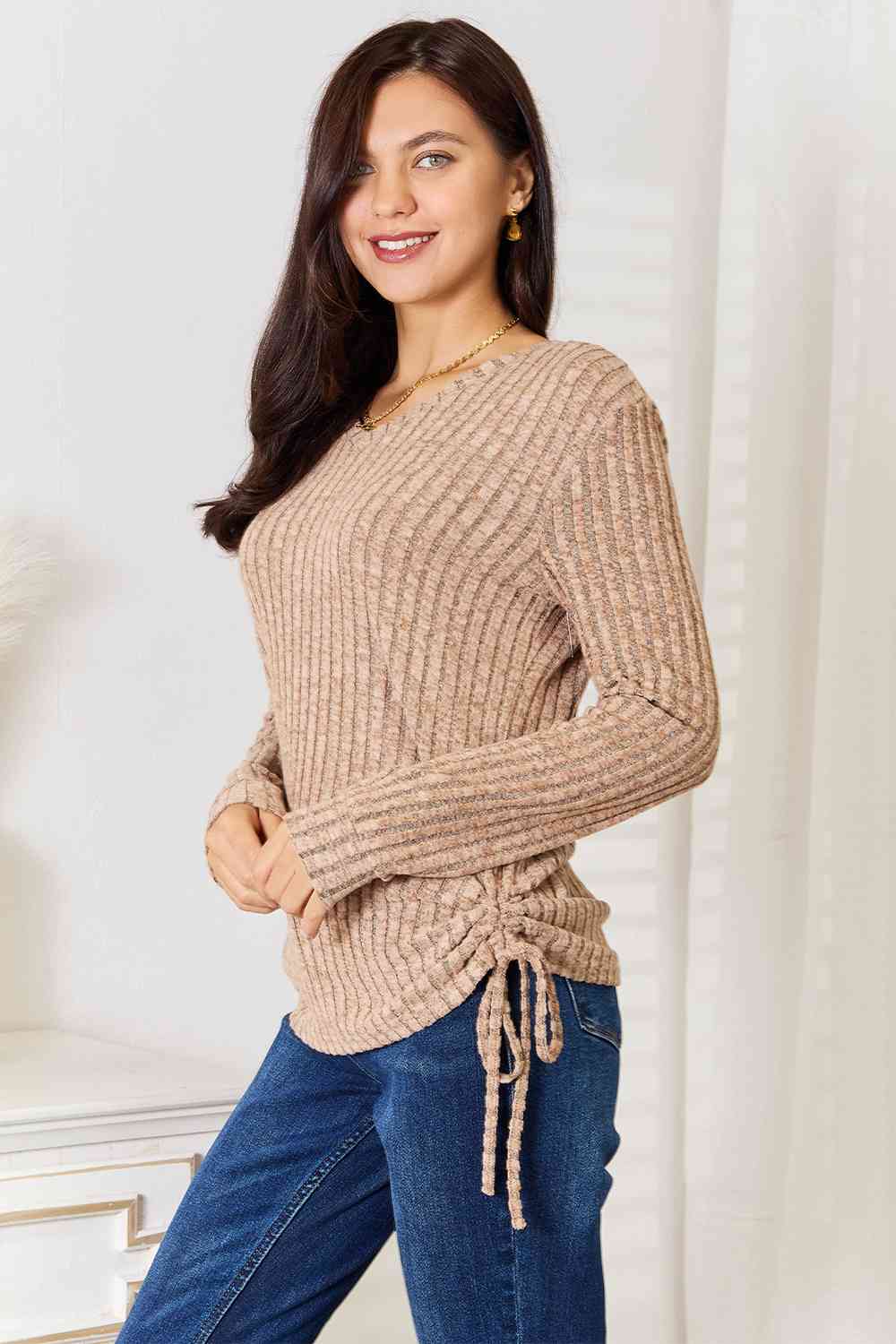 Drawstring Ribbed Long Sleeve T-Shirt