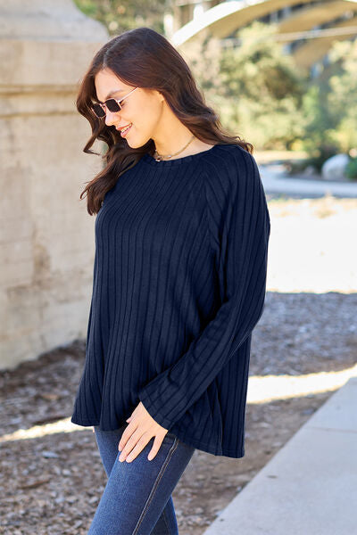 Full Size Ribbed Round Neck Long Sleeve Knit Top