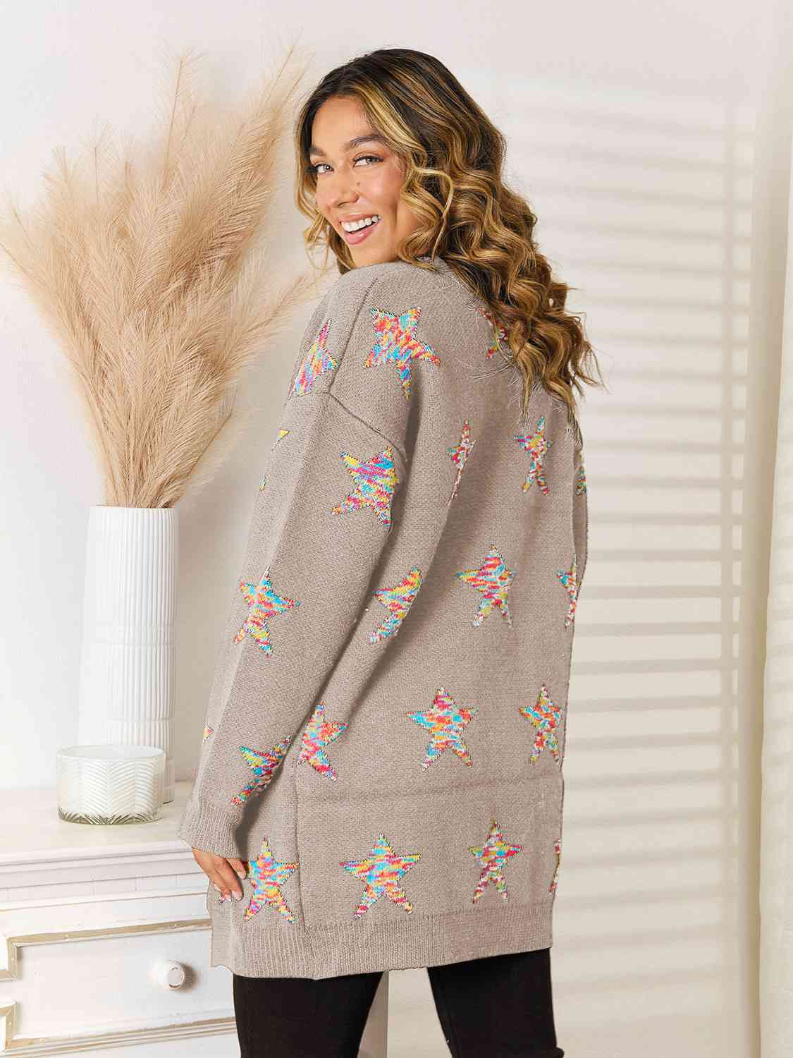 Star Pattern Open Front Cardigan with Pockets