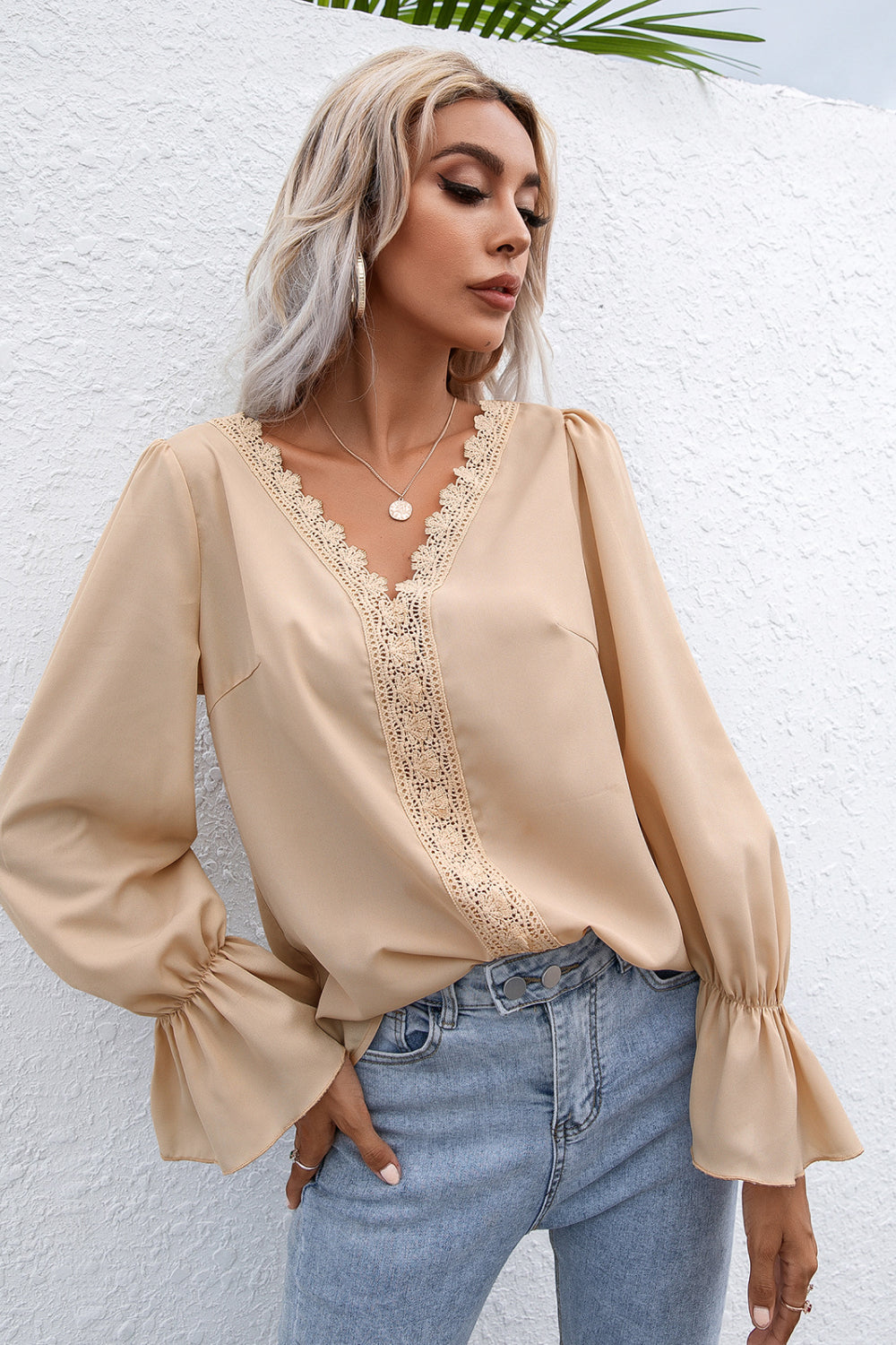 Lace Trim Flounce Sleeve Blouse