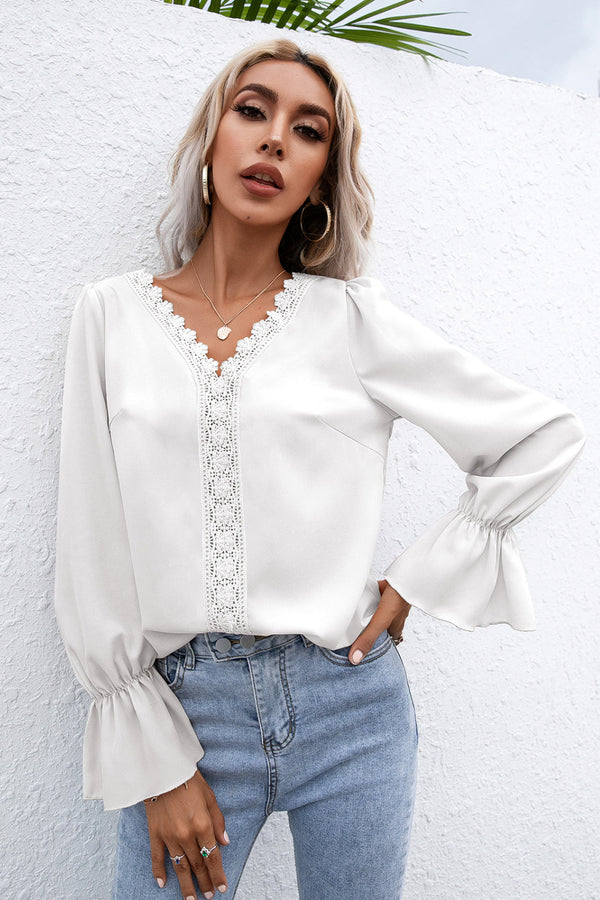 Lace Trim Flounce Sleeve Blouse