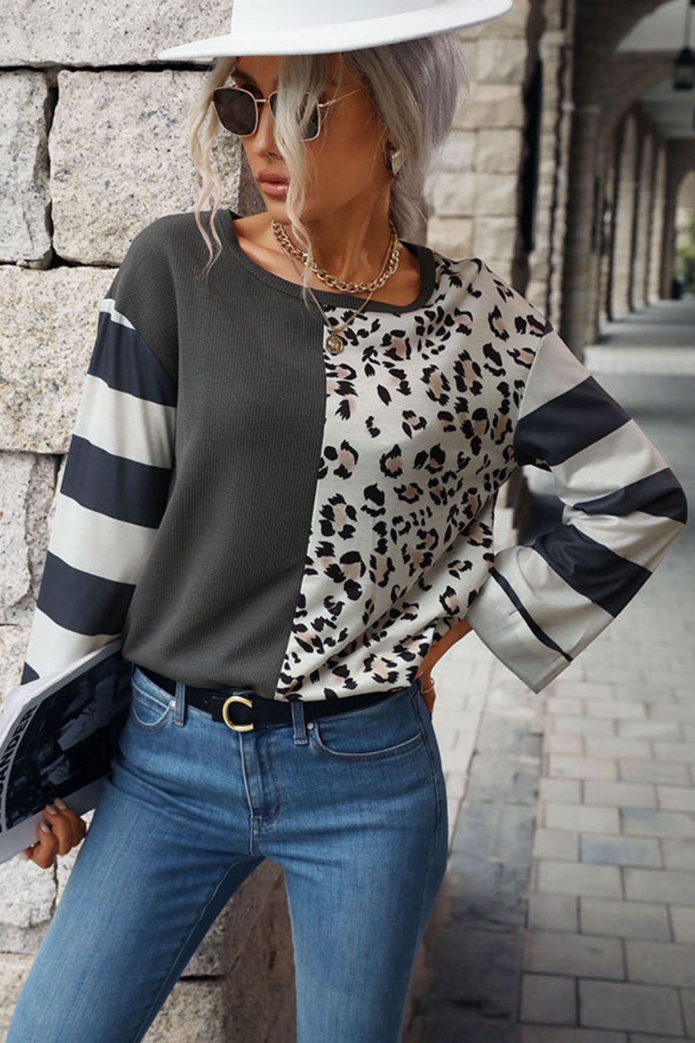 Leopard Striped Round Neck Long Sleeve Tee