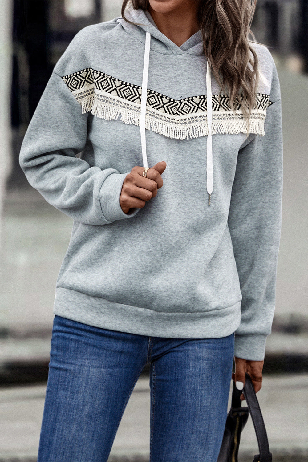 Contrast Fringe Detail Dropped Shoulder Hoodie