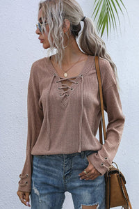 Lace-Up V-Neck Ribbed Top