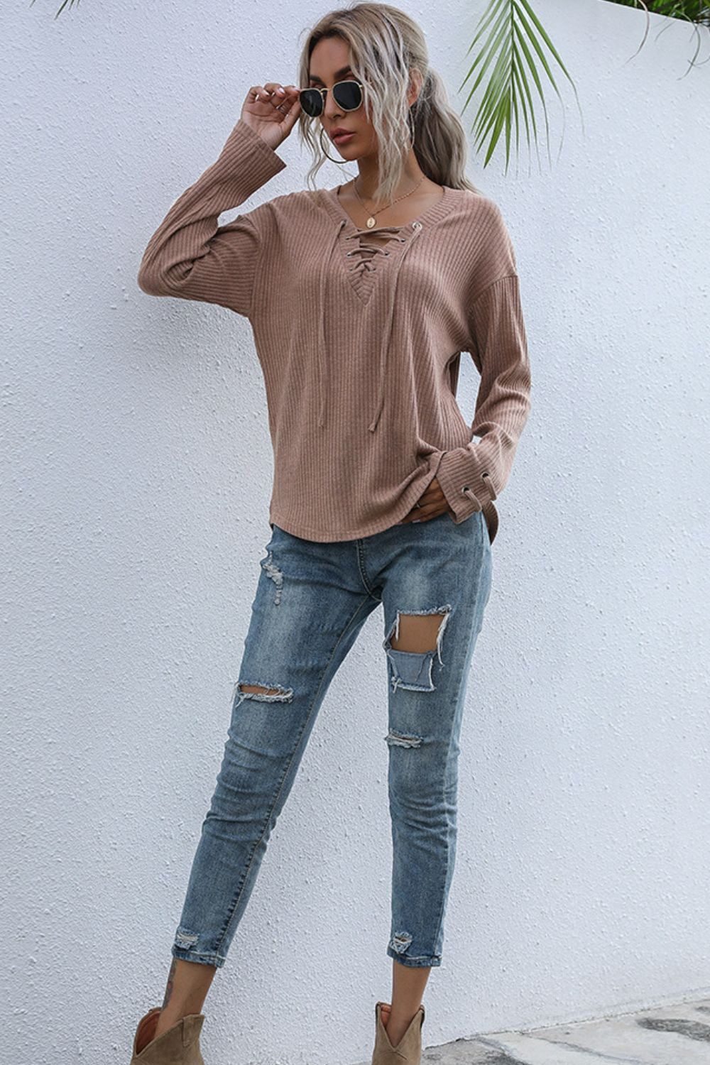 Lace-Up V-Neck Ribbed Top